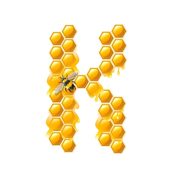 Honeycomb letter K with honey drops and bee flat vector illustration isolated on white background — Stock Vector