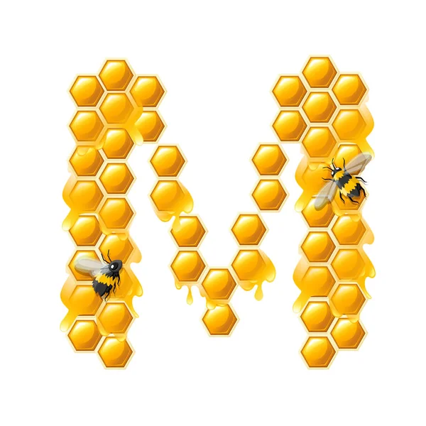 Honeycomb letter M with honey drops and bee flat vector illustration isolated on white background — Stock Vector