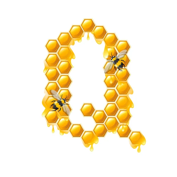 Honeycomb letter Q with honey drops and bee flat vector illustration isolated on white background — Stock Vector