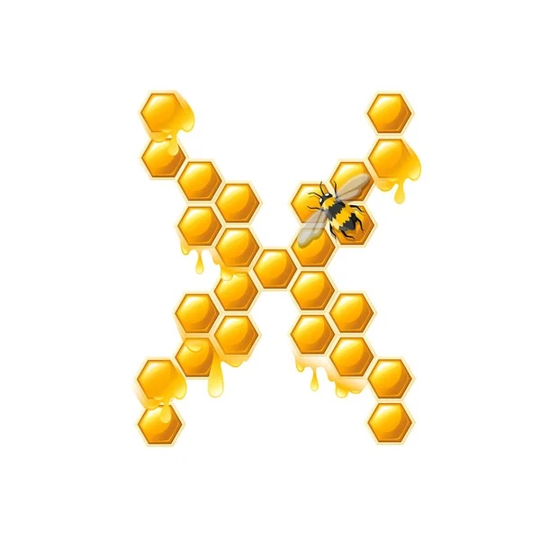 Honeycomb letter X with honey drops and bee flat vector illustration isolated on white background — Stock Vector