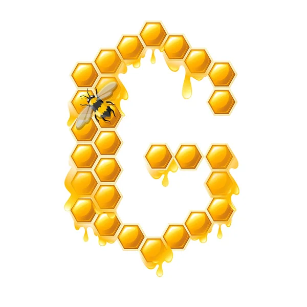 Honeycomb letter G with honey drops and bee flat vector illustration isolated on white background — Stock Vector