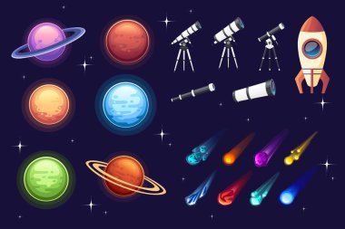 Koyu arkaplan üzerinde renkli uzay simgesi, teleskop, asteroid ve diğer düz vektör çizimleri