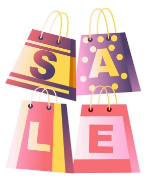 Beyaz arkaplanda izole edilmiş satılık etiket düz vektör illüstrasyonlu kağıt torba