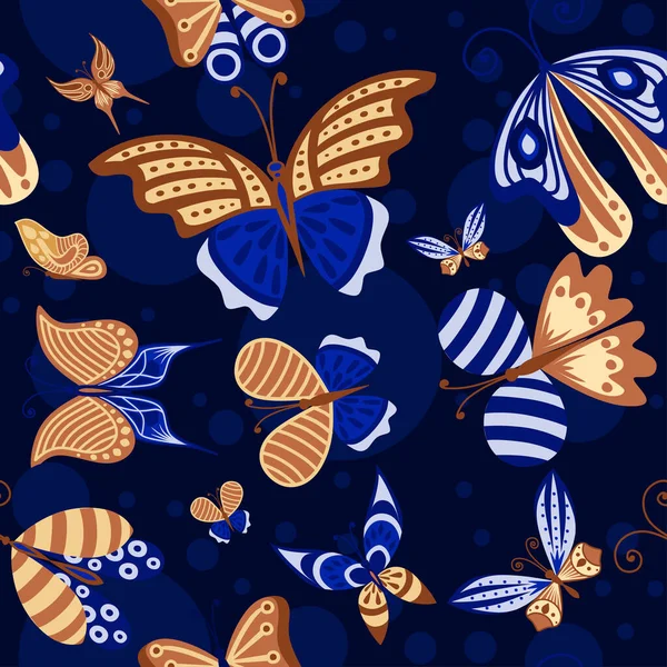 Modèle sans couture de menthe papillon décoratif coloré abstrait, illustration vectorielle plate de couleur bleue et marron sur fond sombre — Image vectorielle