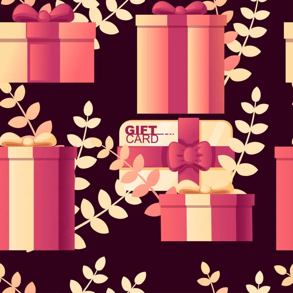 ギフトカード付きギフトボックスのシームレスなパターン背景に葉と抽象的な柔らかい色のパターン暗い背景にフラットベクトルイラスト — ストックベクタ