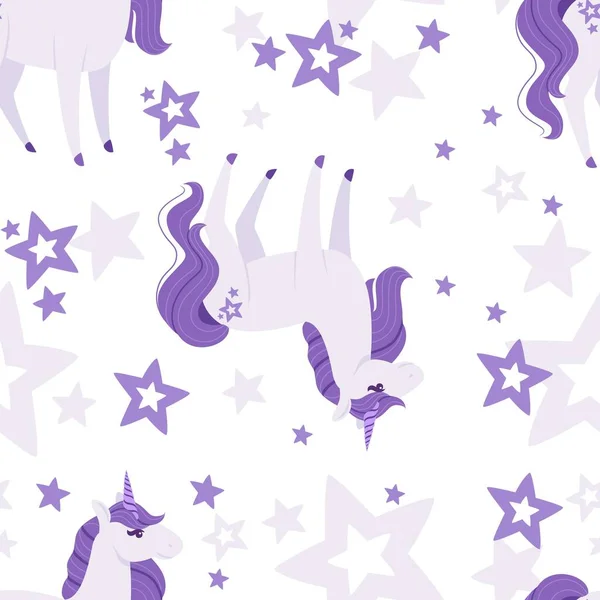 Patrón sin costuras de magia animal mítico de cuento de hadas rosa unicornio dibujos animados animal diseño plana vector ilustración sobre fondo blanco — Vector de stock