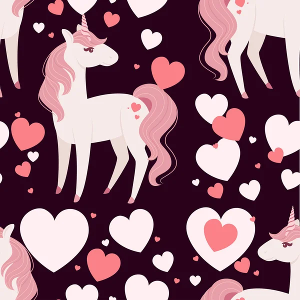 Patrón sin costuras de magia animal mítico de cuento de hadas rosa unicornio dibujos animados animal diseño plana vector ilustración sobre fondo oscuro — Vector de stock