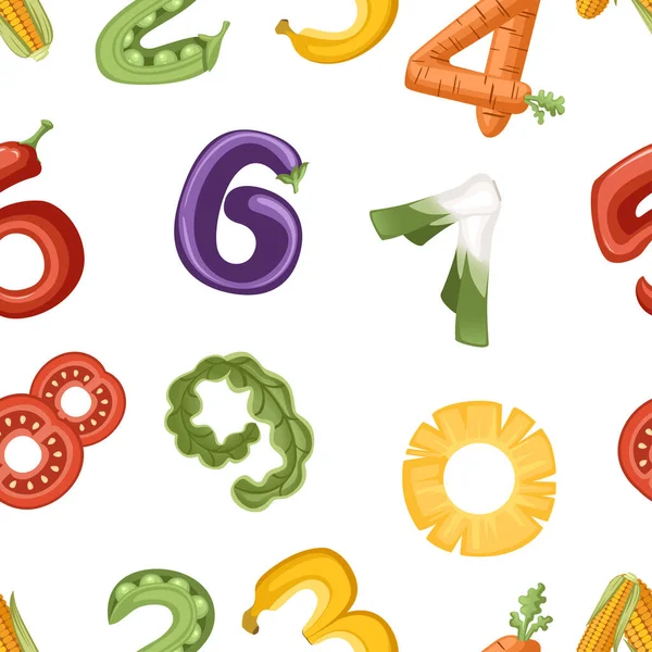 Patrón inconsútil de números en el diseño de dibujos animados de alimentos de estilo vegetal y fruta ilustración vectorial plana sobre fondo blanco — Vector de stock