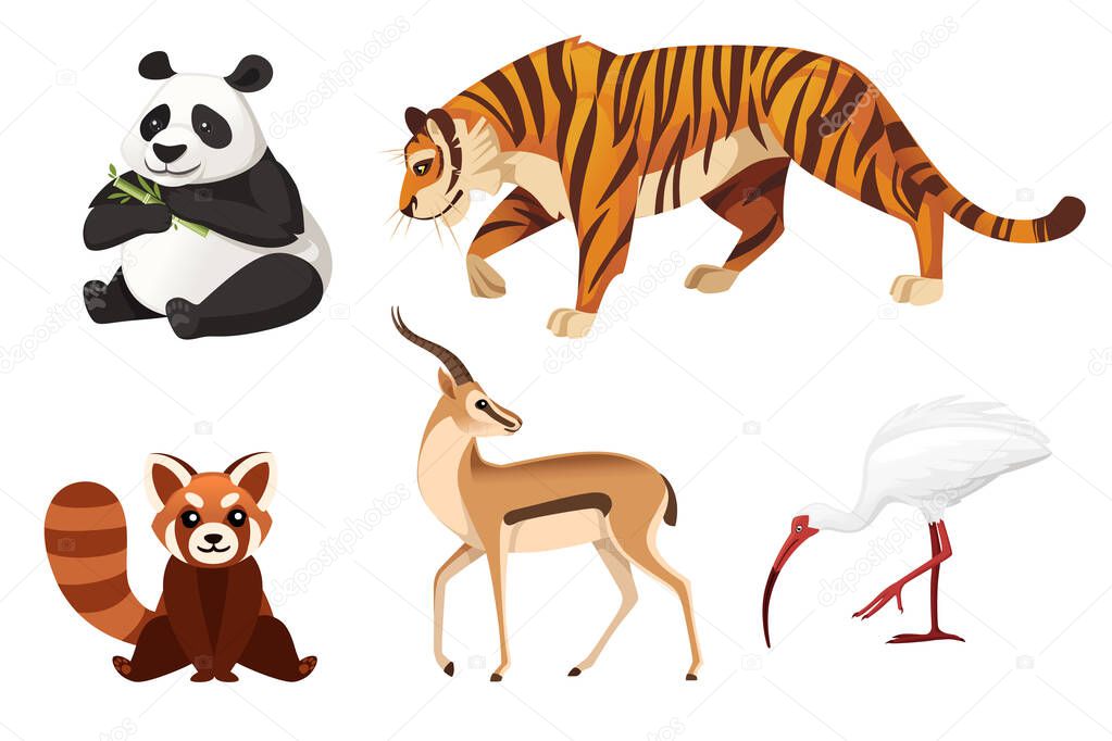 Set of different animals cartoon design flat vector illustration isolated on white background cute wild animal.