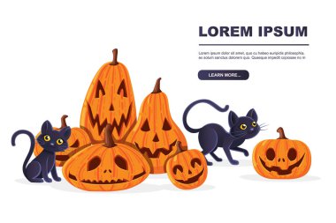 Şirin sevimli siyah kediler ürkütücü Cadılar Bayramı balkabaklarıyla oynuyorlar çizgi film hayvan tasarımı düz vektör çizimi beyaz arka planda