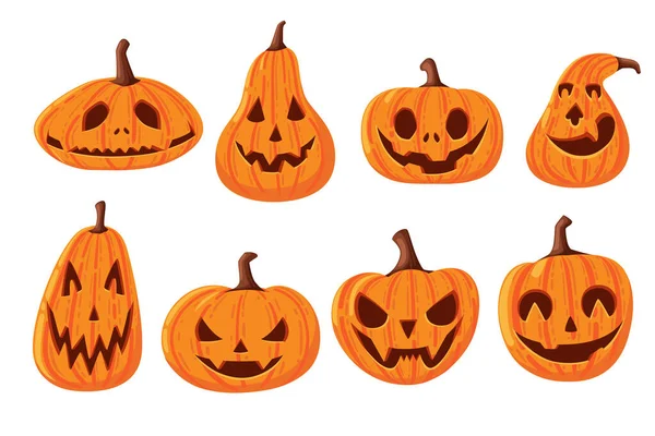 Set van schattige en enge Halloween pompoenen met gezichten cartoon groenten platte vector illustratie geïsoleerd op witte achtergrond — Stockvector