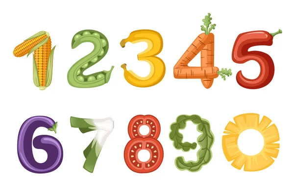 Conjunto de números vegetales y frutas estilo alimentos dibujos animados diseño vector plano ilustración aislado sobre fondo blanco — Archivo Imágenes Vectoriales