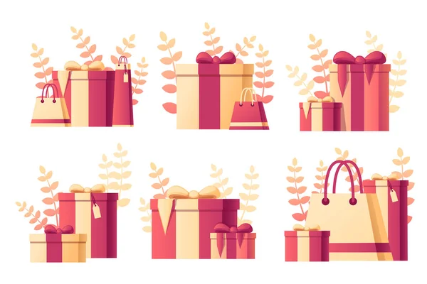 Geschenkbox mit abstrakten weichen Farbmuster mit Blättern auf Hintergrund flache Vektorillustration auf weißem Hintergrund — Stockvektor