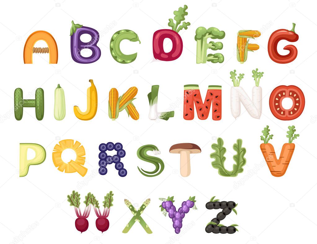 Set of vegetable and fruit alphabet food style cartoon vegetable design flat vector illustration isolated on white background