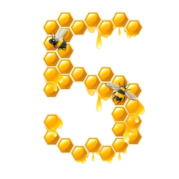 Сотовый номер 5 с капельками меда и рисунками в стиле пчелиных мультфильмов — стоковый вектор
