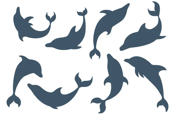 Conjunto de dibujos animados de delfines de silueta azul diseño de animales marinos ilustración vectorial plana aislada sobre fondo blanco — Vector de stock