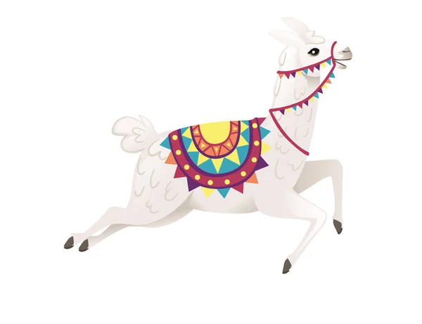 Linda llama corriendo y usando silla de montar decorativa con dibujos animados dibujos animados animal diseño plano vector ilustración aislado en blanco vista lateral de fondo — Archivo Imágenes Vectoriales