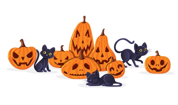 Schattige schattige zwarte katten spelen met griezelige eng Halloween pompoenen cartoon dier ontwerp platte vector illustratie op witte achtergrond — Stockvector