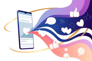 Soyut renk dalgalı siyah akıllı telefon ve kalpler beyaz arkaplanda sosyal medya platformunun düz vektör çizimini beğeniyor.