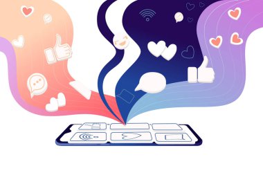 Soyut renk dalgalı siyah akıllı telefon ve kalpler beyaz arkaplanda sosyal medya platformunun düz vektör çizimini beğeniyor.