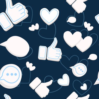 Kalpleri olan kusursuz desen koyu mavi arkaplanda sosyal medya platformu düz vektör illüstrasyonunu beğenir.