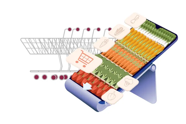 Reklama Baner Ulotka Projekt Online Świeże Warzywa Sklep Nowoczesna Aplikacja — Wektor stockowy