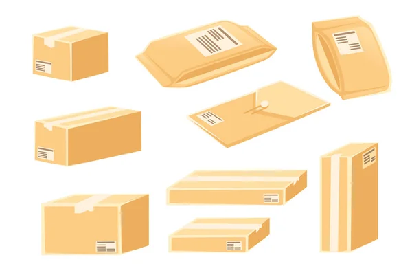 Set Different Parcel Packaging Box Set Cardboard Material Flat Vector — Stock Vector