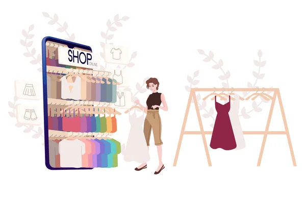 Publicidad Pancarta Volante Mujer Diseño Elige Ropa Para Comprar Tienda — Vector de stock