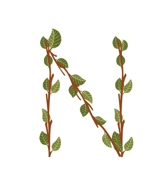Γράμμα Καφέ Κλαδιά Δέντρων Πράσινα Φύλλα Eco Font Επίπεδη Διανυσματική — Διανυσματικό Αρχείο