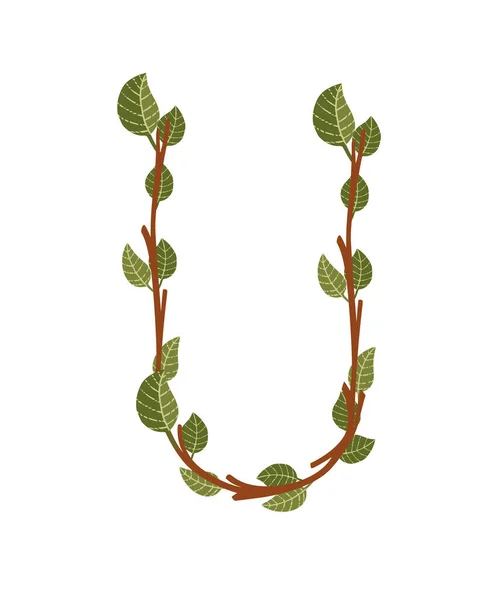 Буква Коричневые Ветви Дерева Зелеными Листьями Эко Шрифт Плоский Вектор — стоковый вектор