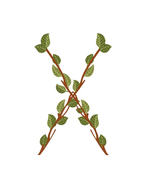 Γράμμα Καφέ Κλαδιά Δέντρο Πράσινα Φύλλα Eco Γραμματοσειρά Επίπεδη Διανυσματική — Διανυσματικό Αρχείο