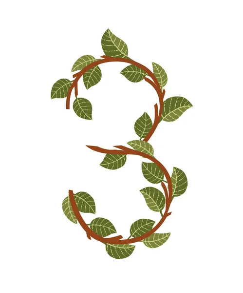 Číslo Hnědé Větve Stromů Zelenými Listy Eco Písmo Plochý Vektor — Stockový vektor