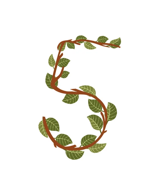 Číslo Hnědé Větve Stromů Zelenými Listy Eco Písmo Plochý Vektor — Stockový vektor