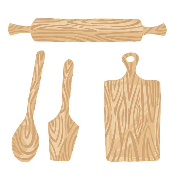 Conjunto de simples utensílios de cozinha plana ícones de madeira ilustração vetorial isolado no fundo branco —  Vetores de Stock