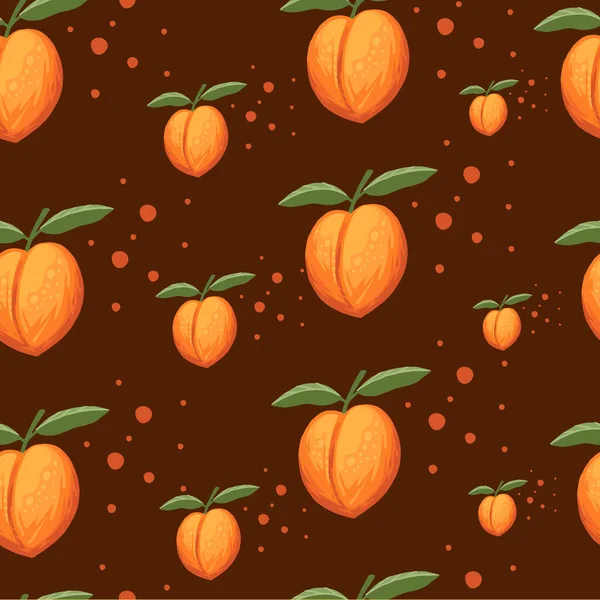 Seamless pattern of whole peaches with green leaves flat vector illustration on brown background — Stock Vector