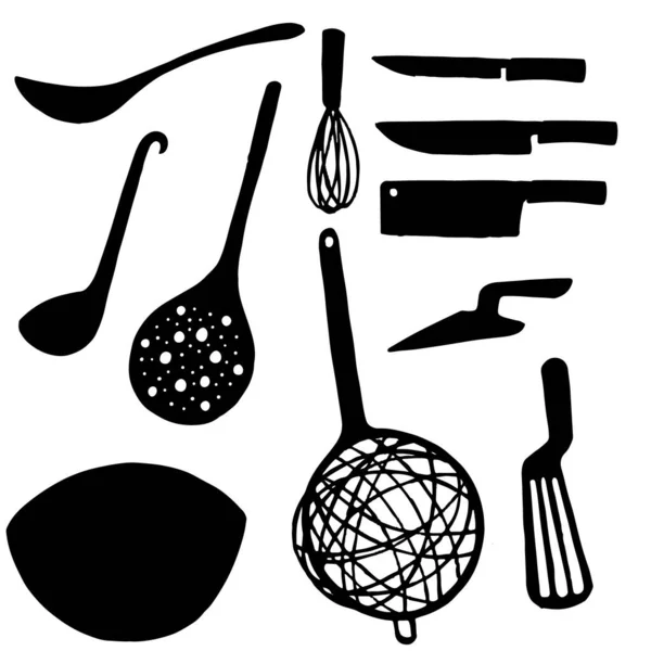 Conjunto Silueta Negra Utensilios Cocina Planos Simples Iconos Metal Ilustración — Vector de stock