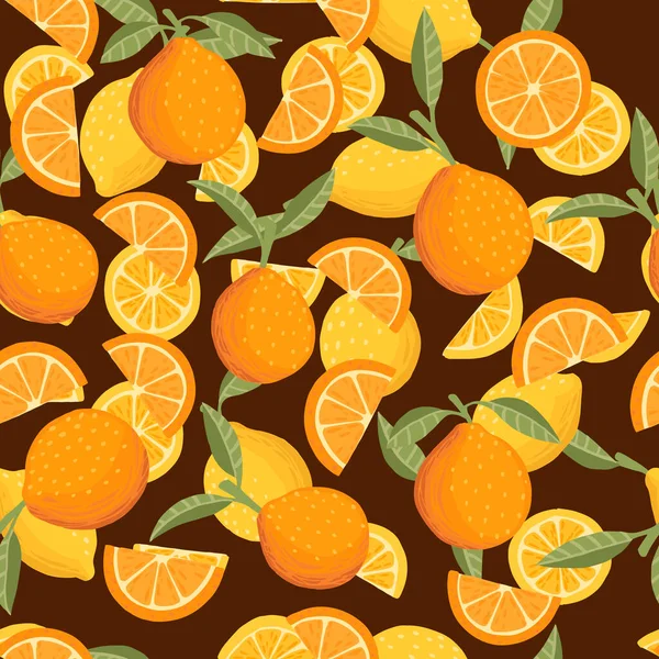 オレンジ柑橘系の黄色の果実全体の半分のシームレスなパターンと茶色の背景に緑の葉フラットベクトルイラストでスライス — ストックベクタ