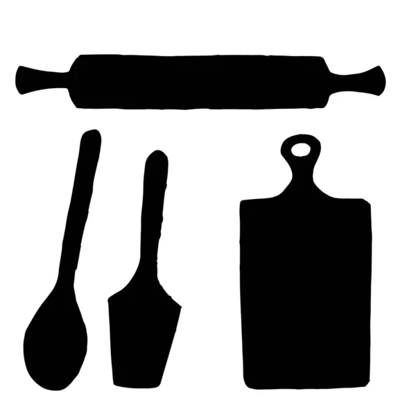 Conjunto silhueta preta de utensílios de cozinha simples ícones de madeira ilustração vetorial isolado no fundo branco — Vetor de Stock