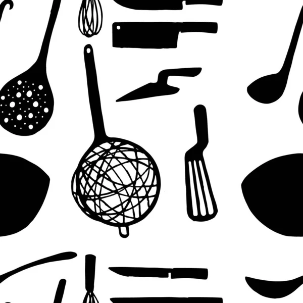 Silhouette noire motif sans couture de simples icônes plates en métal de cuisine illustration vectorielle sur fond blanc — Image vectorielle