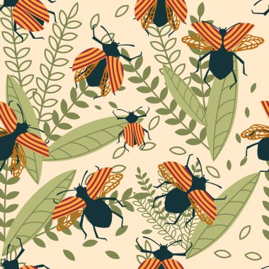 Çizgi filmdeki kusursuz desen basit böcek koleksiyonu renkli böcekler bej arka planda düz vektör çizimi ve yapraklar..