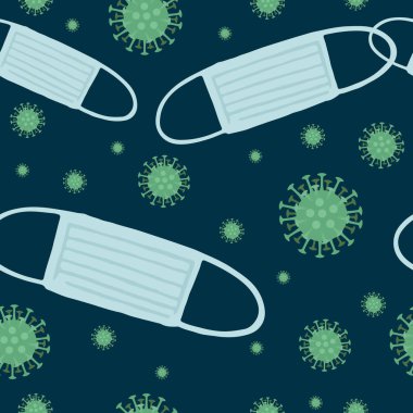 Koyu arkaplanda mavi tıbbi maske düz vektör çizimi olan kusursuz yeşil koronavirüs deseni..