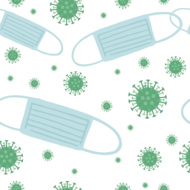 Beyaz zemin üzerinde mavi tıbbi maske düz vektör illüstrasyonlu kusursuz yeşil koronavirüs deseni.