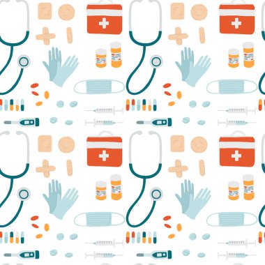 Basit tıbbi araçlara sahip pürüzsüz desen beyaz arkaplan üzerinde düz vektör çizimi.