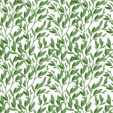 Yeşil yaprakların pürüzsüz deseni beyaz arkaplanda düz vektör çizimi.