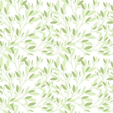 Yeşil yaprakların pürüzsüz deseni beyaz arkaplanda düz vektör çizimi.