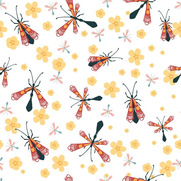 漫画のシームレスなパターンシンプルな甲虫コレクション色の昆虫フラットベクトルイラスト白を背景に花と — ストックベクタ