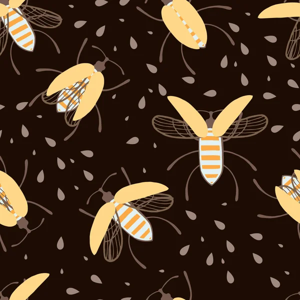 黑暗背景下漫画简单甲虫收集彩色昆虫平面载体的无缝图案 — 图库矢量图片