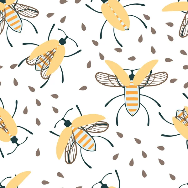 基于白色背景的卡通简单甲虫收集彩色昆虫平面载体的无缝图案 — 图库矢量图片