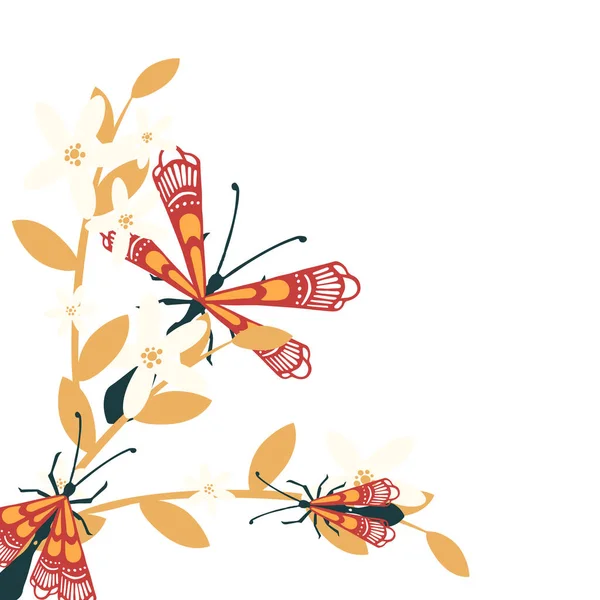 オレンジのシルエットの葉と草の上に異なる翼の昆虫を持つシンプルなフラットビートルとパターン白い背景にフラットベクトルイラスト — ストックベクタ
