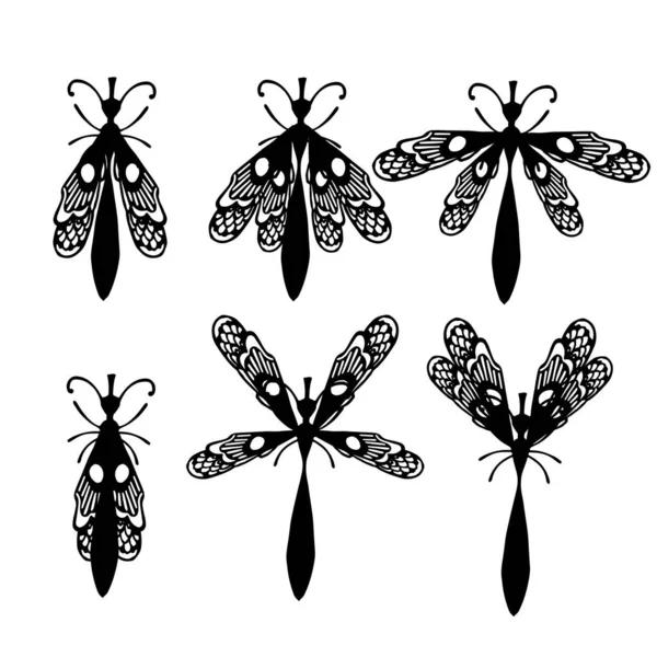 Набор Простых Плоских Стрекоз Различными Крыльями Коллекции Насекомых Плоские Векторные — стоковый вектор